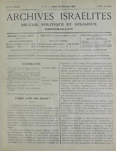 Archives israélites de France. Vol.58 N°07 (18 févr. 1897)